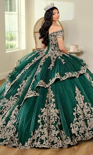 Strapless Tassel Quinceanera Dresses Beading Gold Appliques Sweet 16 Dresses Layered Evening Gowns with Bow4