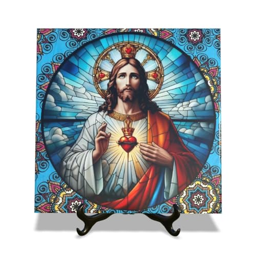 Quadro Azulejo Sagrado Coração de Jesus 15x15cm com suporte