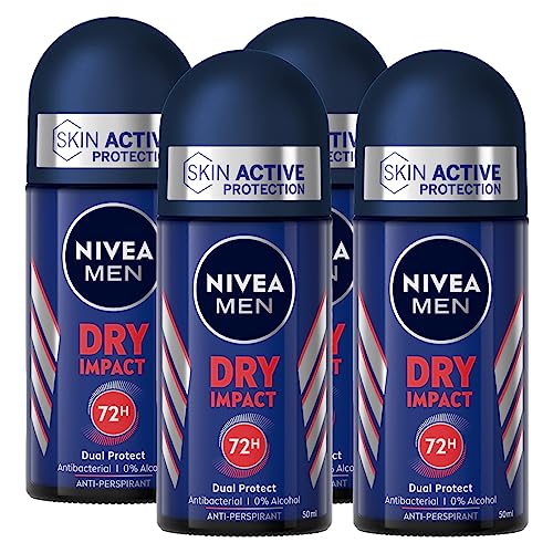 Nivea Men Dry Impact Deodorant Roll-On für Herren, Antitranspirant für alle Hauttypen Dual Protect 72h - 4 Flaschen à 50 ml