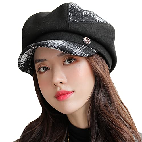 WANYI Damen Baskenmütze Spleißen Wolle Ballonmütze Bakerboy Schirmmütze Wintermütze Schildmütze Achteckiger Hut Kappe Barett Winter Herbst Mütze mit Visor 56-58CM (27 Schwarz) Cover