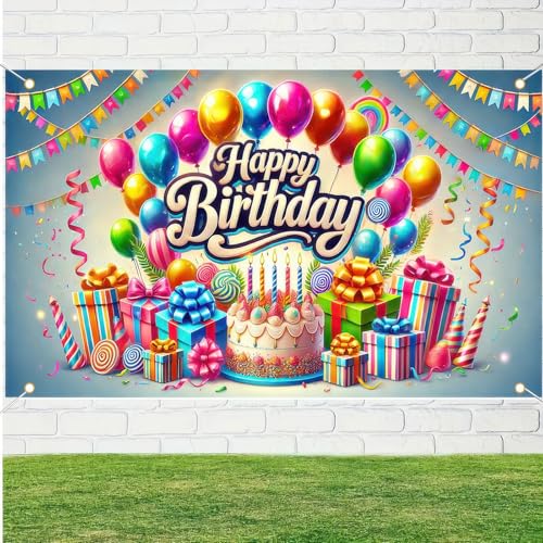 Image of BlissYard Happy Birthday Banner 71x43 Inch Rainbow Birthday Decorations | Party Backdrop Happy Birthday Sign for Backdrop Colorful Balloons and Gifts Design Party Banners