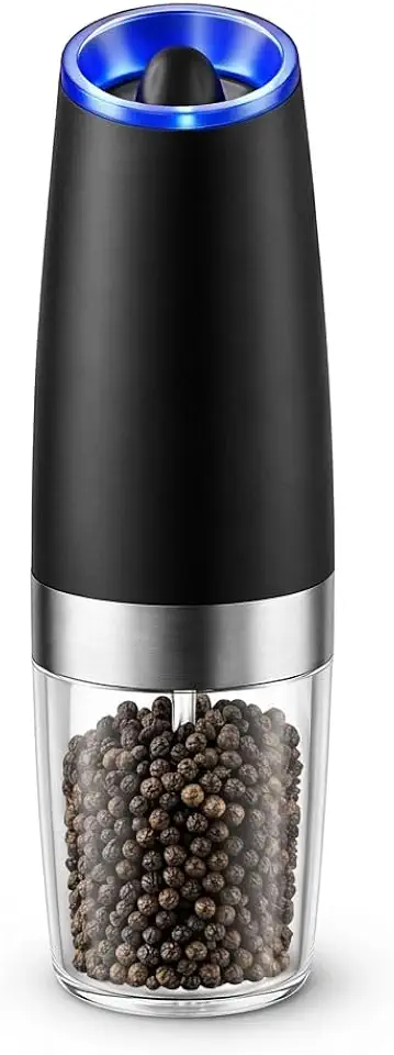 Moedor de Pimenta e Sal Eletrico Automatico | Sensor de Gravidade + LED Azul | Ceramica Ajustavel Fino a Grosso | Aco Inox | Operacao com Uma Mao | Ideal para Cozinha Gourmet