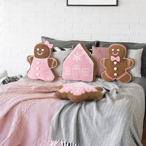 Image of HunnmingRe 4 Pcs Christmas Throw Pillows Fall Football Plush Pillows Winter Holiday Cushion Soft Decorative Cushions for Couch Bedroom Living Room Thanksgiving Xmas Decor(Pink,Gingerbread)