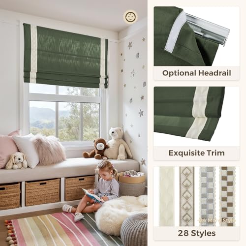 Image of TWOPAGES Isabella No Drill Cordless Roman Shade Linen Textured Cotton Roman Blind for Windows, Custom Made Room Darkening Blackout Roman Window Shade, Hardware Included, Hunter Green, 1 Piece