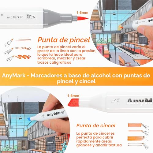 Miniatura 3 de Anymark Rotuladores Alcohol Punta Pincel, 100 1 Colores Marcadores Alcohol De Doble Punta, Para Adultos Bocetos, Cómics, Colorear, Cuerpo Blanco