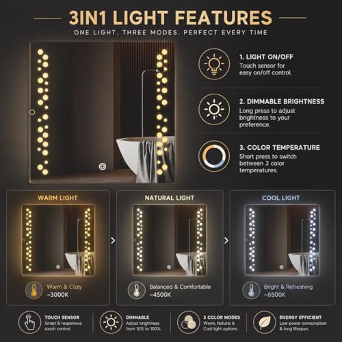 Image of LED Smart Bathroom Mirror with Touch Sensor | 3-in-1 Light Modes - Warm White | Cool White & Natural Light | Office and Home Use (Square, 18x18)