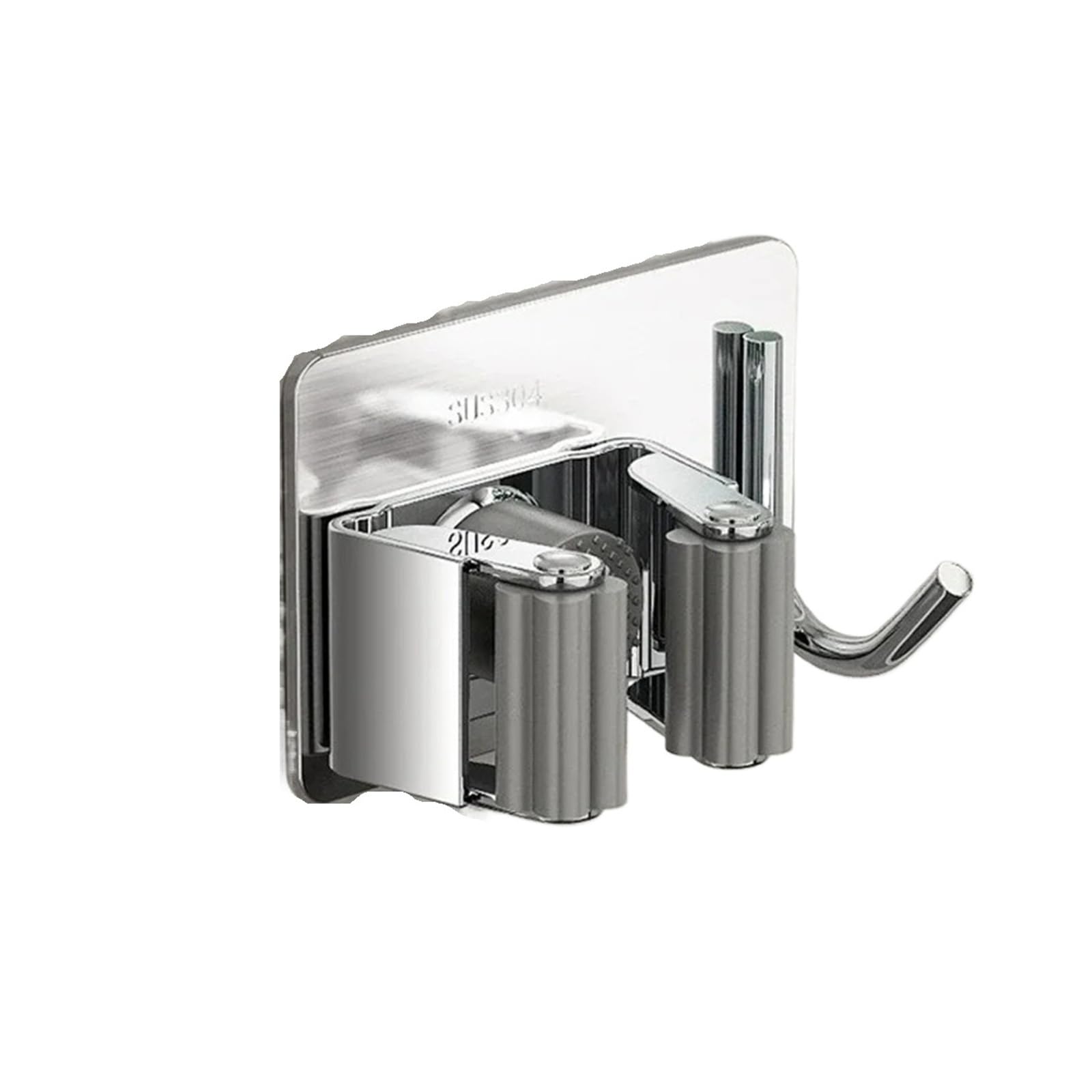 HRXEXSBAM Wall-Mounted Mop Storage Clip Bathroom Mop and Broom Hanging Rack Hook 304 Stainless Steel Mop Clip(Silver with Hook)