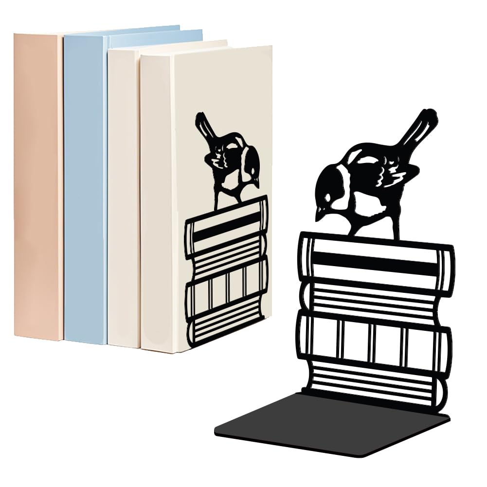 WADORN 1 Pair Sparrow Birds Metal Decorative Bookend for Shelves, Heavy Duty Book Ends Modern Non-Skid Books Holder Stand Black Book Support Stoppers for Desk Bookshelf Office Home, 5.3x4.3x7.9 Inch — image 1