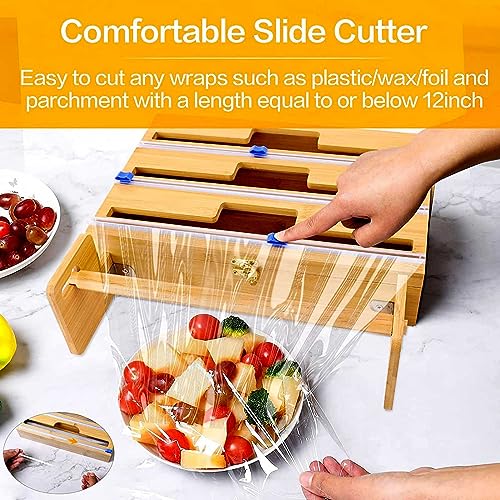 Dispenser per pellicola trasparente e taglierina 4 in 1, per cassetto da parete della cucina, porta rotolo di bambù, compatibile con rotoli da 30,5 cm, con taglierina, foglio di alluminio e dispenser