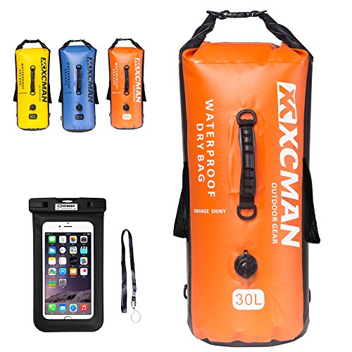 XCMAN Impermeable Bolsa seco Bolsa Bonus para Paseos en Bote, Camping y Kayak - Seca Saco Impermeable 30L - con válvula de Aire y Doble Correas de Hombro, 30L Shiny Orange Cover