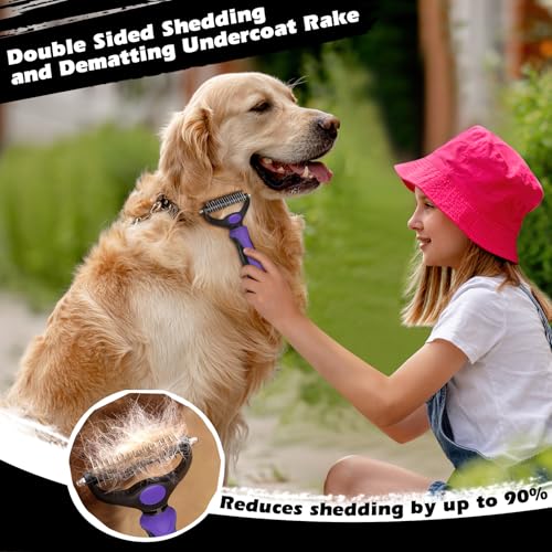 Image of Professional 3PCS Self Cleaning Slicker Brush & Pet Grooming Rake & Flea Comb for Dogs,Cats and Horses | Double-Sided Dematting Comb & Skin Friendly Deshedding Grooming Tool | Pet Supplies (Purple)