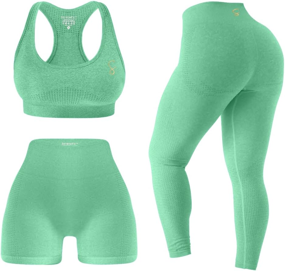3 Piece Workout Sets For Women Seamless High Waisted Matching Exercise Leggings Shorts and Sports Bra Active Set