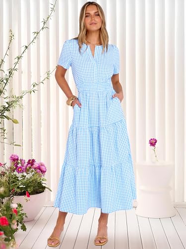 Caracilia Women's Summer Short Sleeve V-Neck Maxi Dress, Gingham & Striped Fabric, Casual A-Line Dress for Beach & Vacation Light Blue Gingham X-Large — view 2