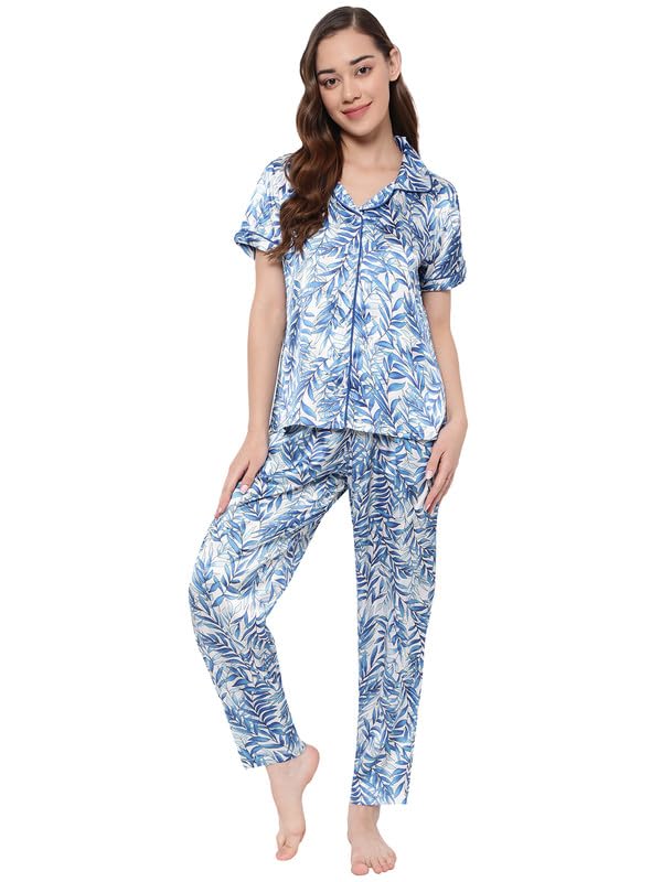 Image of Clovia Women's Crepe Printed Button Down Shirt & Pyjama Set in Grey