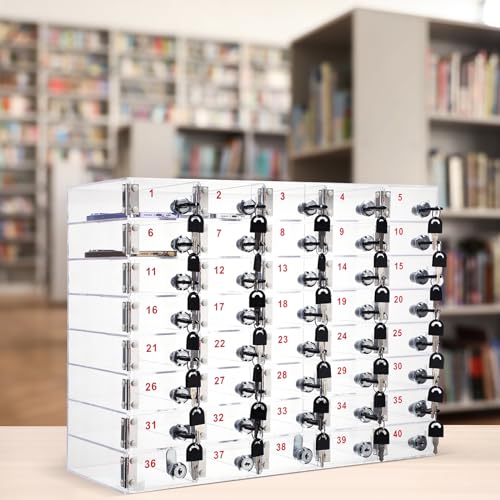 Image of Layhit Clear 40 Slots Cell Phone Locker Box for Classroom Clear Acrylic Cell Phone Storage Cabinet Bin with Door Locks for Classroom School Students Office Factory Employees