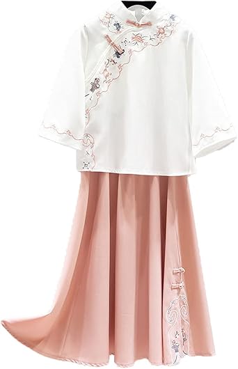JINPIN China Shirt Skirt 2-Piece Set, Womens, Cheongsam Dress, Top and Bottom Set, Qipao Dress, Chinese Clothing, Improved Chinese, Embroidery, Long, Floral Pattern, Cotton, Linen, Chinese,