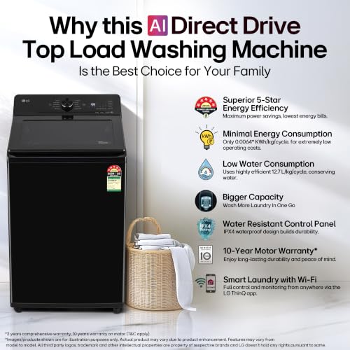 Image of LG 10 Kg, 5 Star, AI Direct Drive Technology, Wi-Fi Enabled, Inverter DirectDrive, Fully Automatic Top Load Washing Machine (TX310NWO, Turbodrum, Hard Water Wash, Turbowash, 6 Motion DD, Onyx Black)
