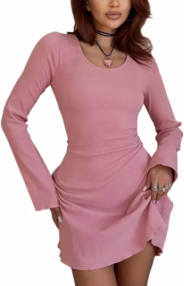 MiiVoo Women's Short/Long Sleeve Casual Mini Dress Square Neck Stretchy Bodycon Party Club Short Dresses