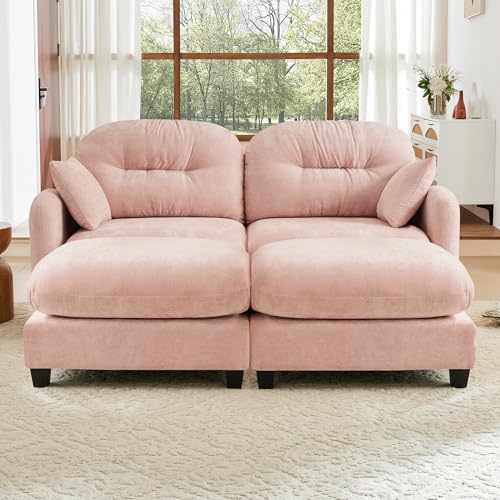 Image of KEIKI 74 inch Oversized Chenille Modular Sectional Loveseat Sofa with 2 Ottoman, High-Density Foam Cushions, Tufted Pleated Cushion Backrest, Modern 2-Seater Couch with 2 Pillow, for Living Room, Pink