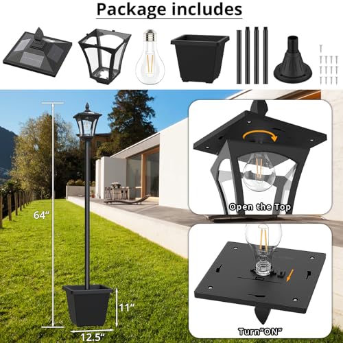 image for ILANCK 64 Inch Solar Lamp Post Light with Planter, 60 High Lumens Stre