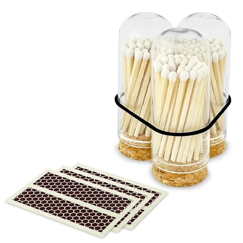 Image of 2 inch White Tip Matches with 3 Mini Cloche Jar + Striker Stickers Included | 100 Classic White Decorative Matches with a Small Glass Holder | Gifts, Home Decor, & Candle Accessories by Thankful Greetings