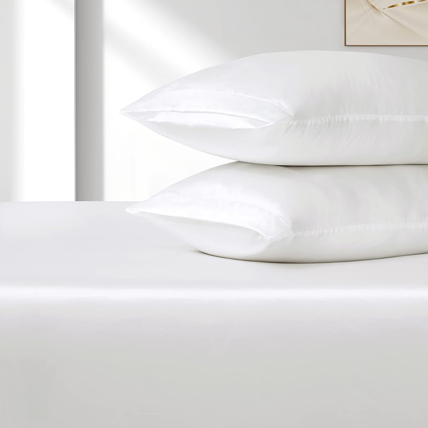 VACVELT 3pcs Extra Deep Pocket Satin Fitted Sheet Set Queen Bed Set, Ivory White Bottom Sheet Fit 18-24 Inch Deep Pocket Mattress, Silky Bedding Set Soft & Ultra Deep Fitted Sheet & 2 Pillowcase