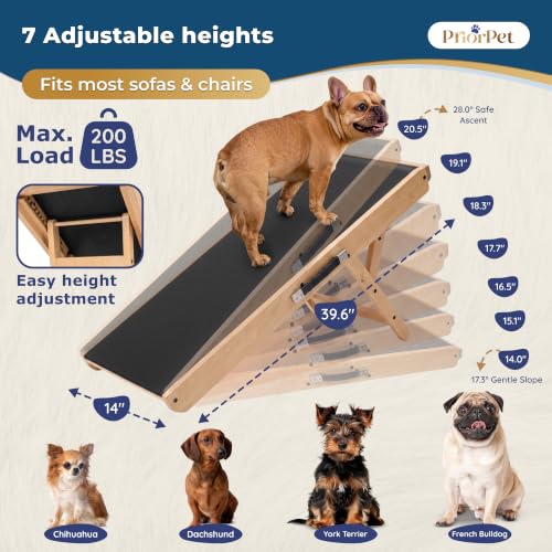 Image of Dog Ramp for Couch - Non-Slip, Sturdy Build Foldable Wooden Dog Ramp - Supports up to 200 lbs - 7 Adjustable Heights (14 inch-20.5 inch) - Enhanced Stability - Birchwood Pet Ramp for Small Dogs - Natural