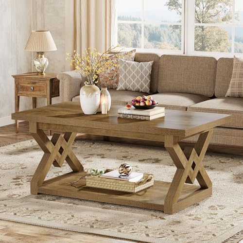 Tribesigns 2-Tier Coffee Table, 47-Inch Wooden Rectangle Living Room Table, Farmhouse All MDF Accent Center Cocktail Table with Open Storage Shelves, Rustic Brown
