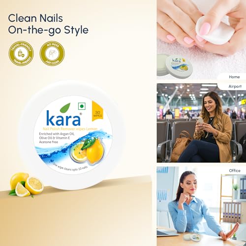 Image of Kara Nail Polish Remover Wipes Lemon - 30 Pulls (Pack of 6)| Travel-Friendly | Enriched with Olive Oil & Vitamin E | Acetone Free | One Wipe Cleans 10 Nails