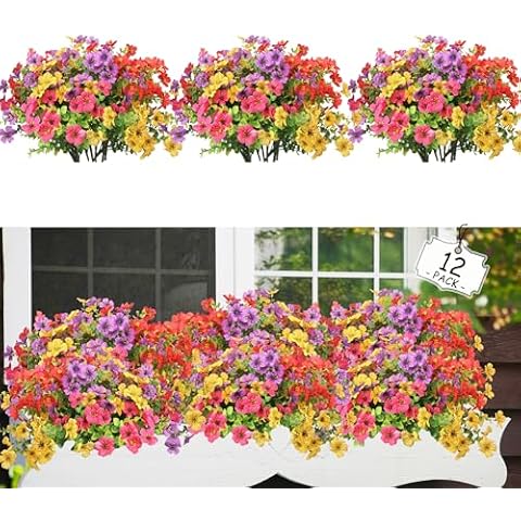 Artificial Flowers Plants for Outdoors, Fake Flowers UV Resistant, No Fade Faux Silk Flower for Spring, Summer Season Decoration, for Pot, Porch, Window Box, Planter, Garden Decor(12 Bundles,Colorful) Cover