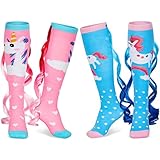 Tarpop 2 Pairs Funny Silly Socks for Girls Woman Wacky Unicorn Mermaid Socks with Wigs Novelty Crazy Funny Gift for Halloween(Sky Blue Pink Unicorn,Large)