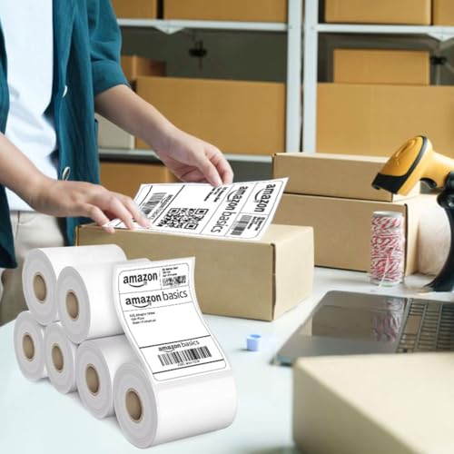 Image of Amazon Basics 70gsm Thermal Label Printer Paper - 4 inch x 6 inch (100 x 150 mm)| Ideal for Shipping, Parcel, Barcode, and Address Labels - 400 Labels per Roll (Pack of 6)