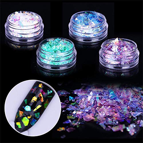 Holographic Mermaid Nail Sequins, Nail Chunky Glitter,Fluorescent Glass Paper, Iridescent Flakes Glitters Sticker, Hair Body Nail Art Paillette Decor(4 Boxs) #TOP5