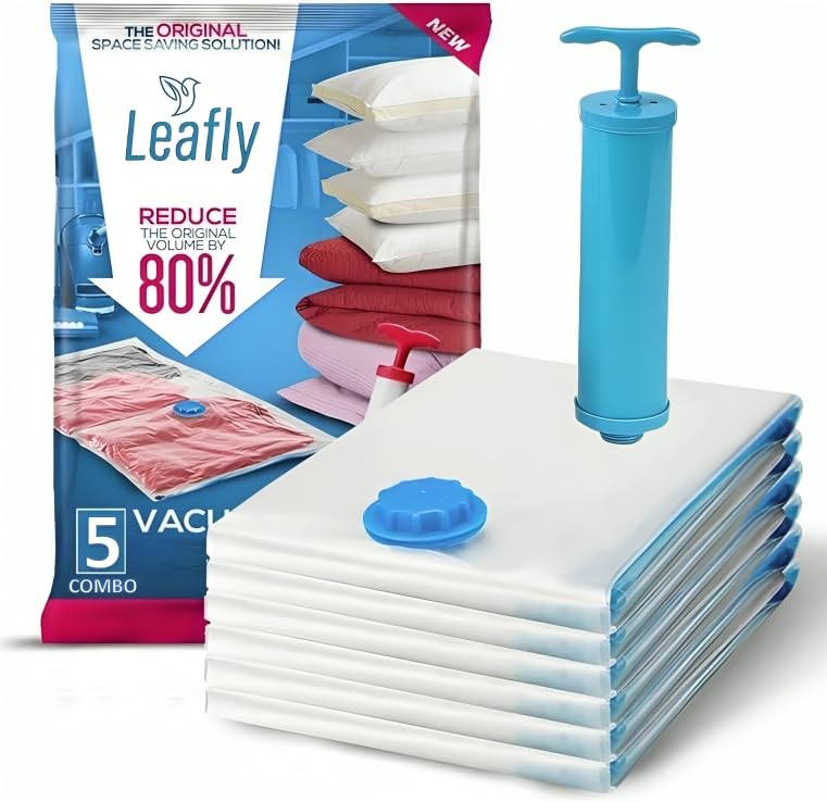Image of Leafly Vacuum Bags for Packing For Clothes Space Saver Travel Reusable Bags with Pump | 2 Medium Size (50 x 70cm) & 2 Large Size (60 x 80cm) & 1 Jumbo Size (80 x 100cm) With Hand Pump (V BAG)