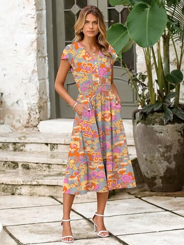 Image of BerryGo Women's Floral Boho Ruffle Summer Midi Dress Short Sleeve V Neck Empire Waist Swing Flowy Dress