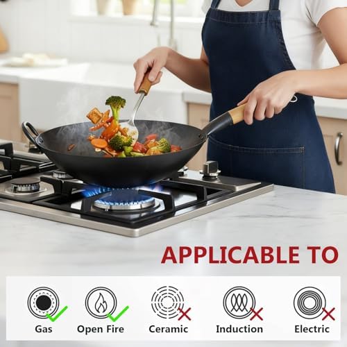 14 inch Carbon Steel Wok with Round Bottom-Free Chemical cookware for Gas Stoves, Open Fire-Hand Hammered Chinese Traditional Wok with Bamboo Handle(No lid included) - Thumbnail 4