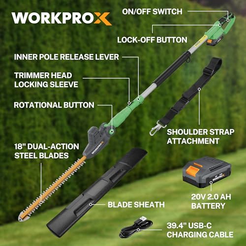 Image of WORKPROX 20V Cordless Pole Hedge Trimmer, 9.2-Feet Reach, 11 Rotating Head Angles, Telescoping Aluminum Pole, Includes 2.0Ah Battery & Charging Cable for Shrubs Trimming