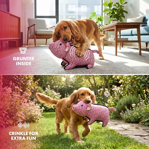 Pet Lou 11 Inch Farmhouse Pig Dog Plush Toy, Textured Sneaker-Fabric Plush with Grunter, Grip-Friendly Chew & Shake Toy, Pink