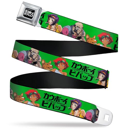 Cowboy Bebop Belt, Seatbelt Buckle Belt, Cowboy Bebop Crew Group Pose and Title Logo Green Black, 24 to 38 Inches