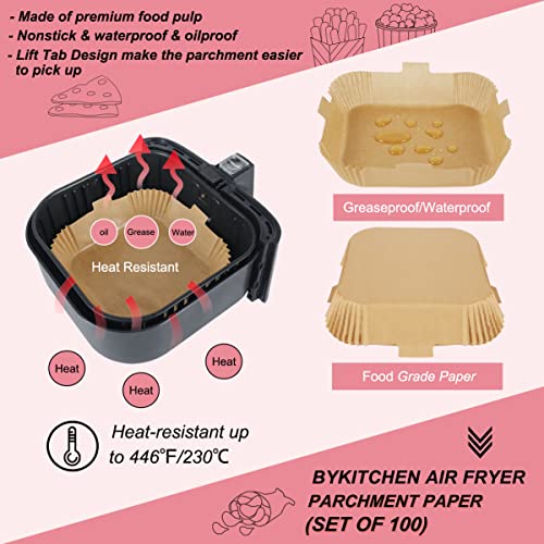 Image of BYKITCHEN Air Fryer Liners Square, 100pcs 7.9 Inch Air Fryer Parchment Paper Liners Disposable, Large Greaseproof Paper for Air Fryer, Compatible with COSORI, Ninja, Tower Cosori (Unbleached)