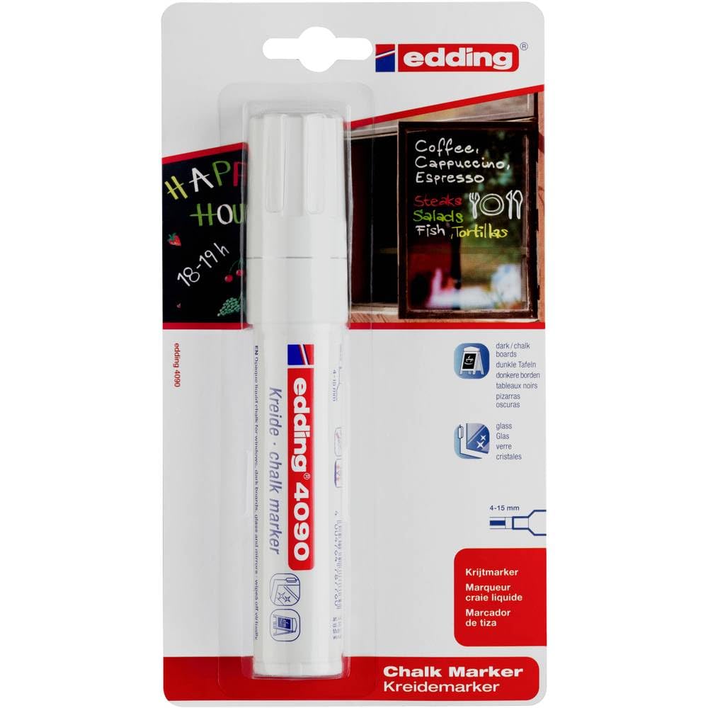 edding 4090 chalk marker - white - 1 chalk pen - chisel tip 4-15 mm - broad-tipped wet wipe pen for chalkboards, windows, glass, mirrors - liquid chalk marker pens for opaque coverage