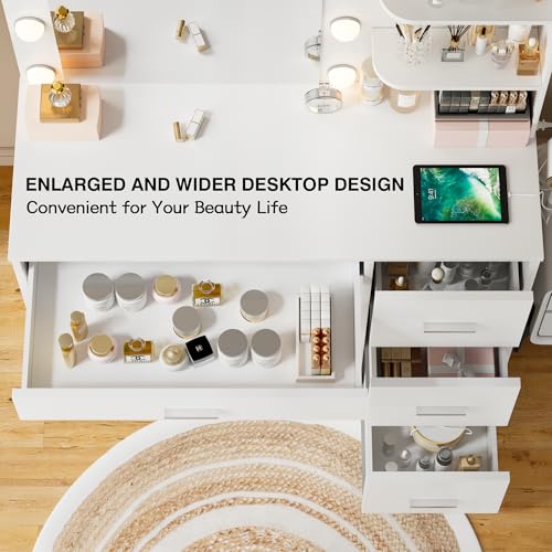 Image of YESHOMY Vanity Desk with Mirror, 10 Lights, Power Outlet and 3 Storage Shelves, Makeup Table with 4 Drawers, 3 Color Modes, for Bedroom, White