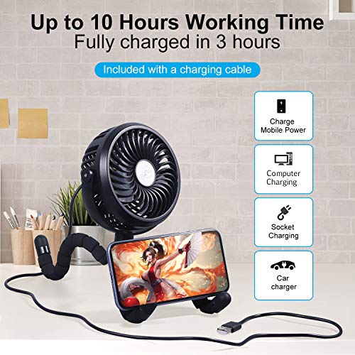 [2020 Upgraded] WGCC Personal Handheld Fan, 2600mAh 12 LEDs Clip On Tripod Fan Stroller Fan for Bedroom, Car Seat Camping with 3 Speeds and 360°Rotation - Thumbnail 5
