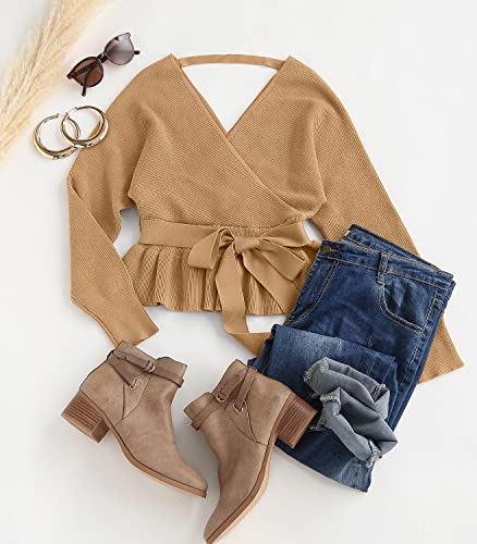 Image of ZESICA Women's Fall 2026 Wrap V Neck Long Batwing Sleeve Belted Waist Ruffle Knitted Sweater Pullover Top