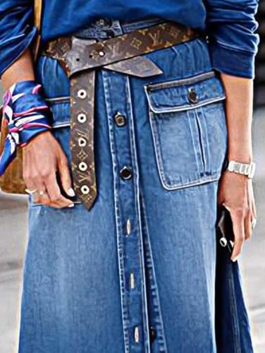 Flamingals A-Line High Rise Vintage Flap Pocket Button Down Maxi Denim Skirt Without Belt3