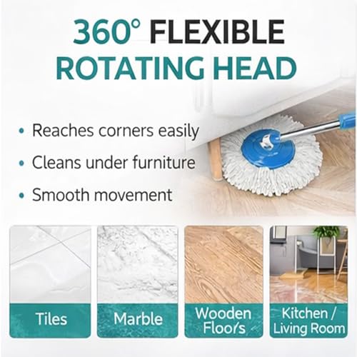 Image of Smart 360 Spin Mop Stick Rod with Stainless Steel Handle | Adjustable & Extendable Mop Handle | Heavy Duty Rust-Proof Floor Cleaning Rod Compatible with Spin Mop Refill - 3 Refill