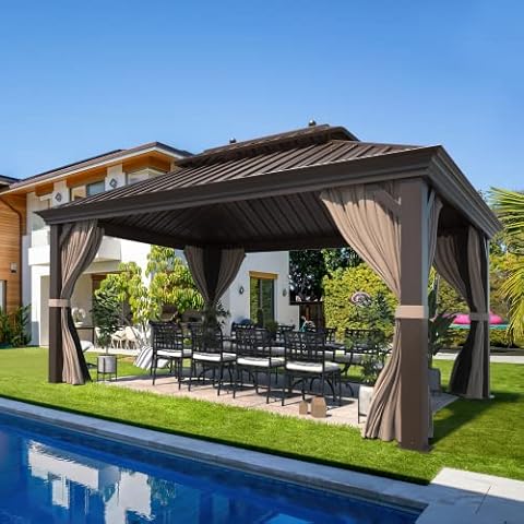 YOLENY 12'x16' Hardtop Gazebo with Galvanized Steel Double Roof, Pergolas Aluminum Frame, Netting and Curtains Included, Metal Outdoor Gazebos for Garden, Patios, Lawns, Parties Cover