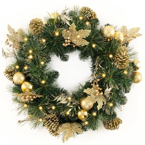 GOPLUS Couronne Noël Porte Lumineuse Artificielle 60 CM, Decoration Noel Entrée avec lumières LED Blanc Chaud, Aiguilles et Pommes de Pin, Baies