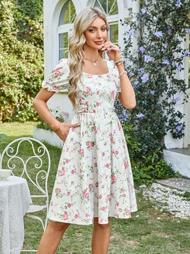 Image of Belle Poque Women's Vintage Midi Cottagecore Cocktail Dresses | Belle Poque Women's Vintage Cottage Core Dress,A-line,Midi,Square Neck,Homecoming Dress,Cocktail Dress,Sun Dress