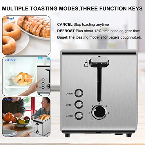 Toaster 2 Slice Best Rated Prime Stainless Steel 2 Slice Toasters 1.5in Wide Slot Toasters 7 Shade Settings Defrost/Begal/Cancel with Removable Crumb Tray for Bread, Waffles, Small Retro Evenly Quickly Toaster Silver